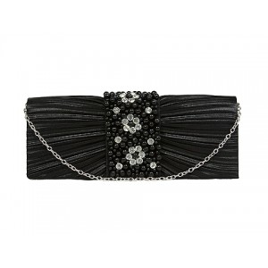 Evening Bag - 12 PCS - Satin w/ Pleated & Beaded Flap - Black - BG-100274B